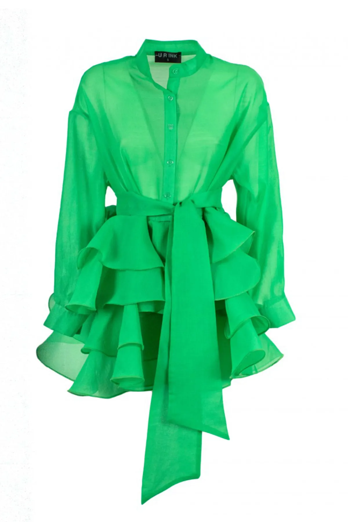 Abito donna corto camicia collo coreano con bottoncini gonna a rouches maniche ampie