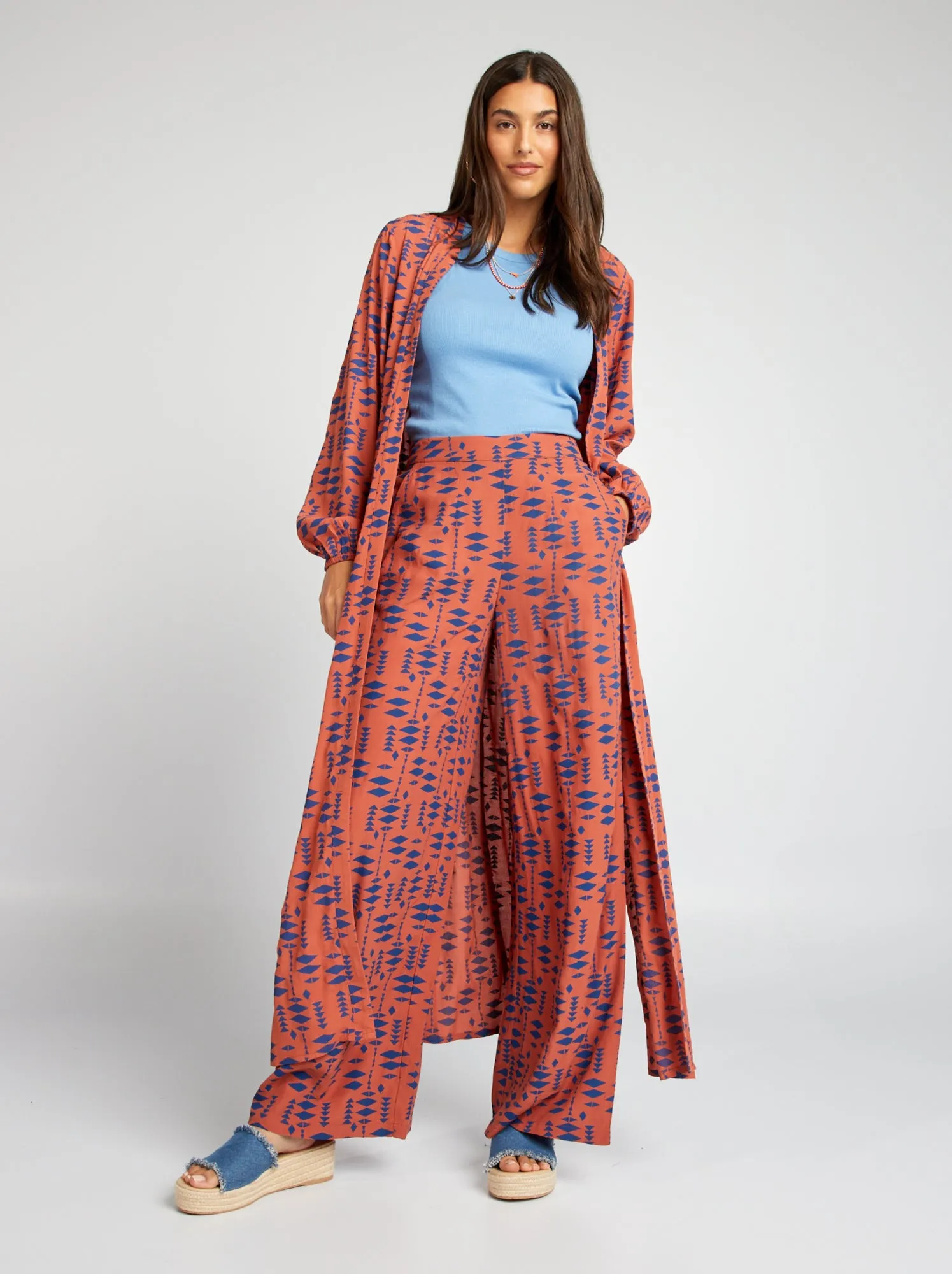 Kimono lungo aperto con stampa - MARRONE