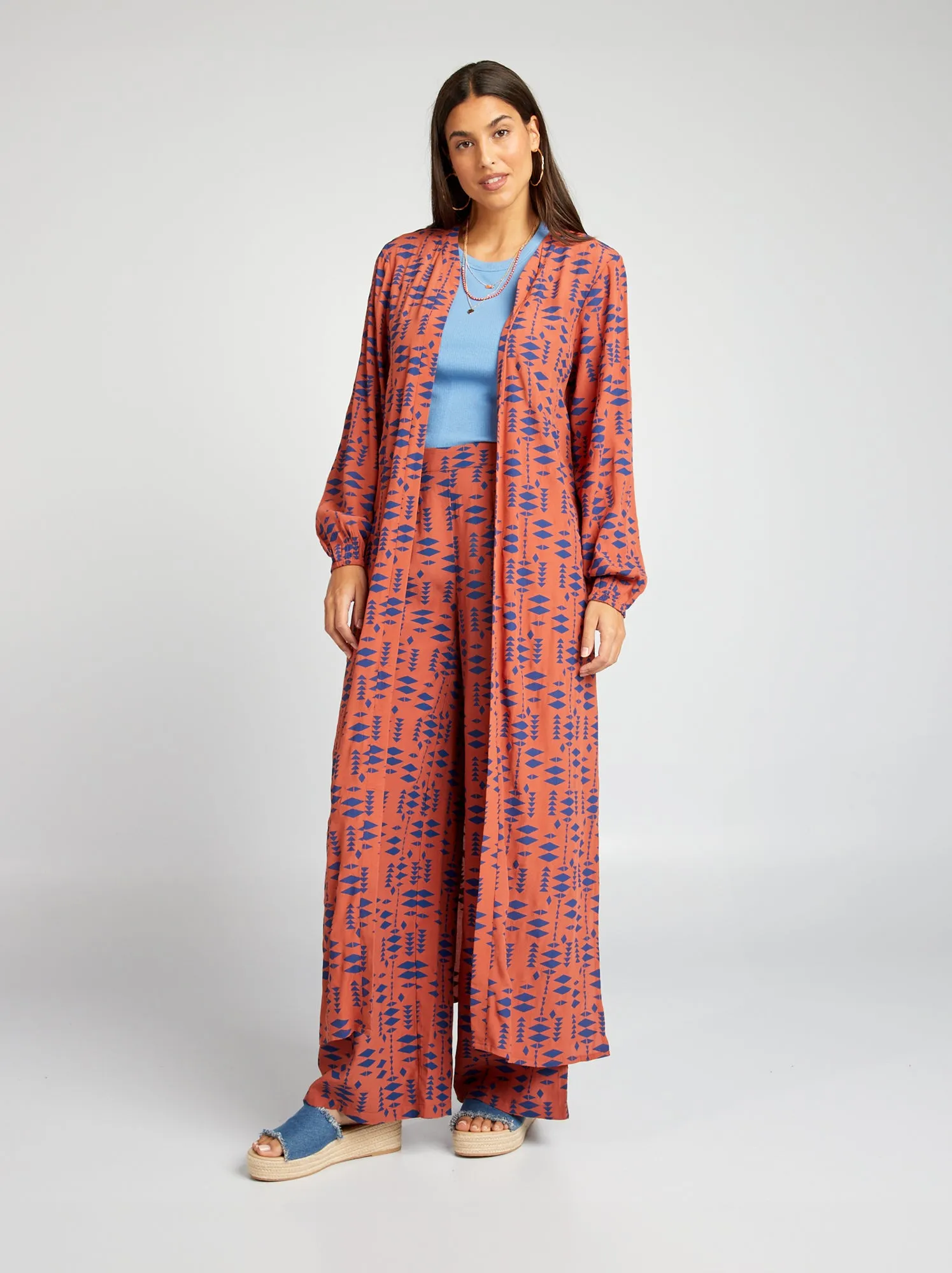 Kimono lungo aperto con stampa - MARRONE