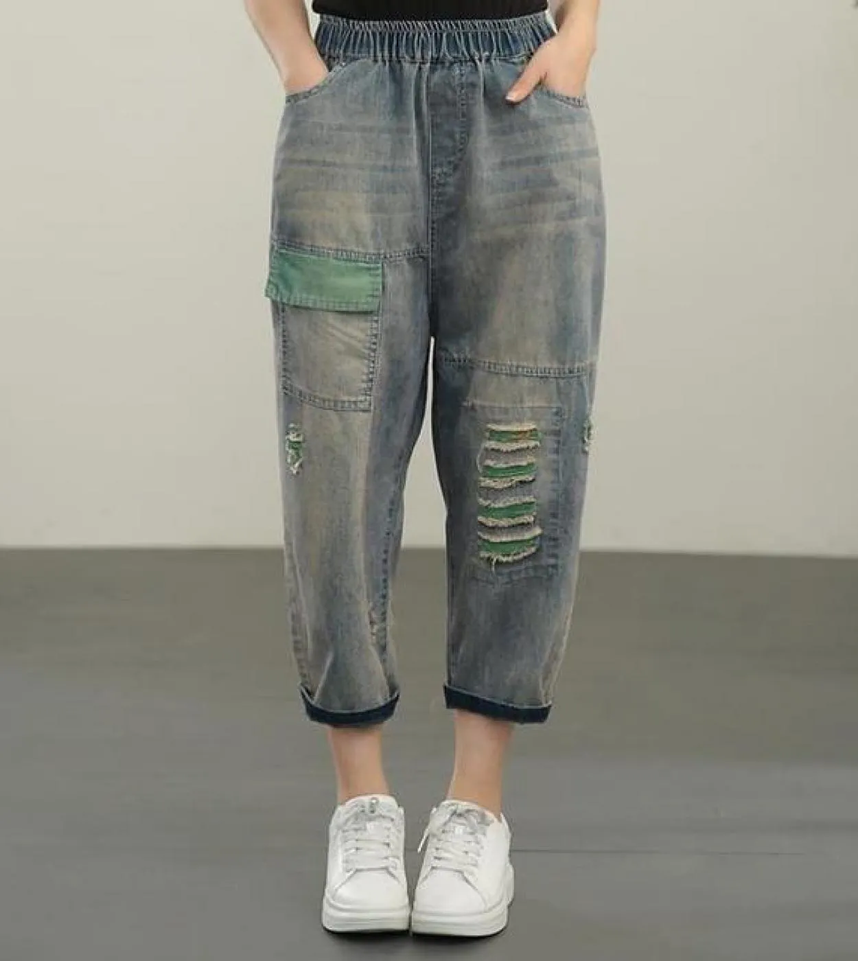 Nuovo arrivo estate donna foro cotone denim patchwork pantaloni alla caviglia elastico in vita pantaloni larghi casual harem jea