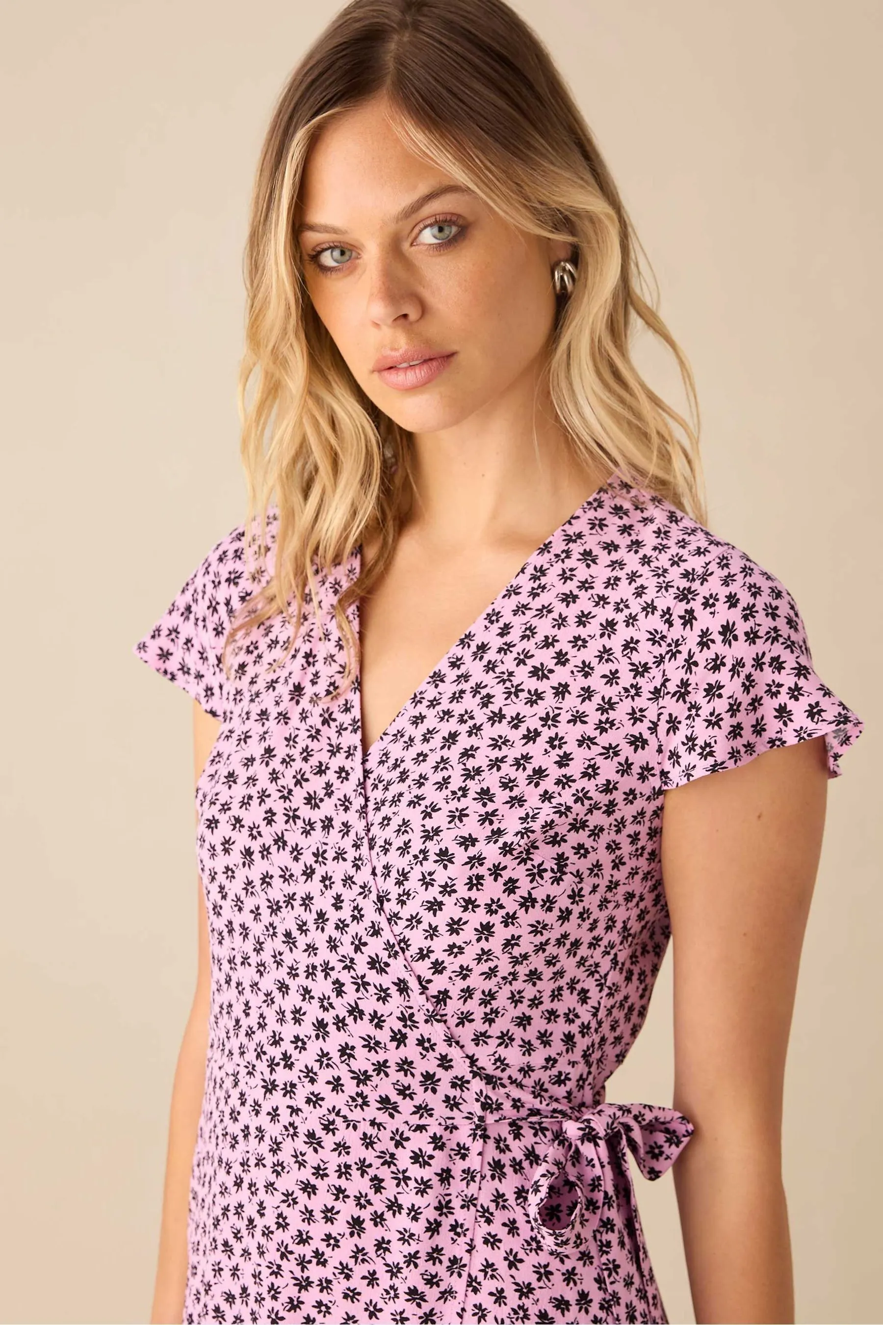 Ro&Zo Pink - Ditsy Print Wrap Midi Dress